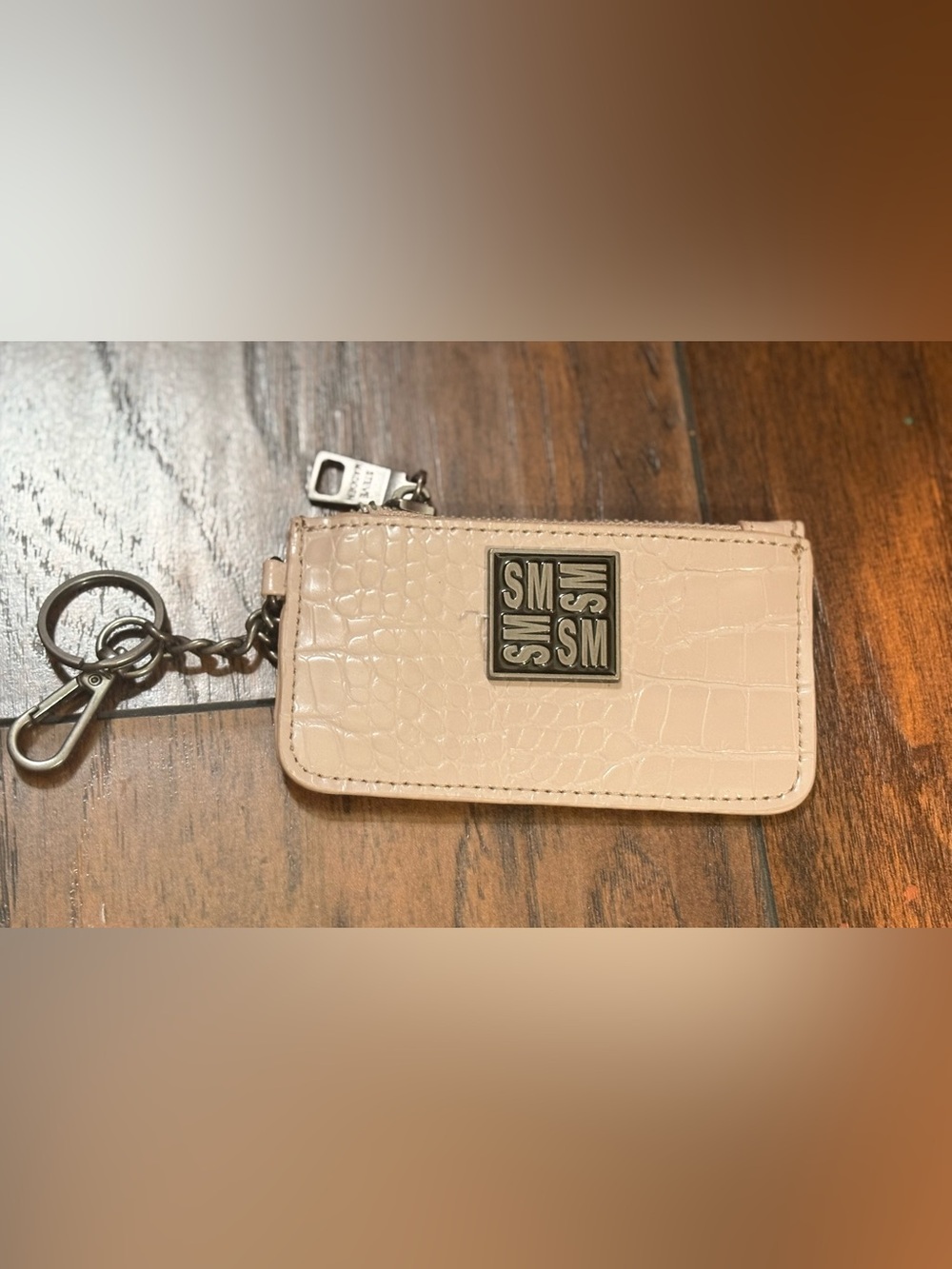 Steve Madden Beige Croc-Embossed Key & Card Holder with Metal Logo